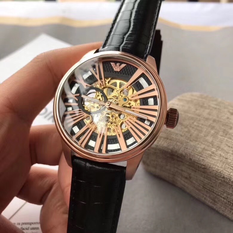 Đồng hồ nam ar máy cơ lộ máy nam tính - dây da viền vàng hồng - size 44mm