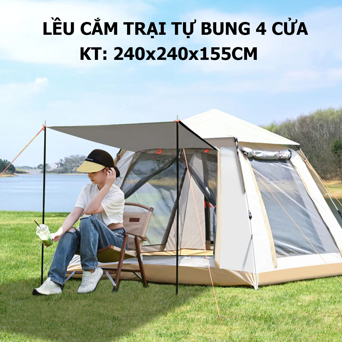 Lều cắm trại tự bung trắng kaki KT 240x240x155cm, Lều dã ngoại có mái che chống tia UV