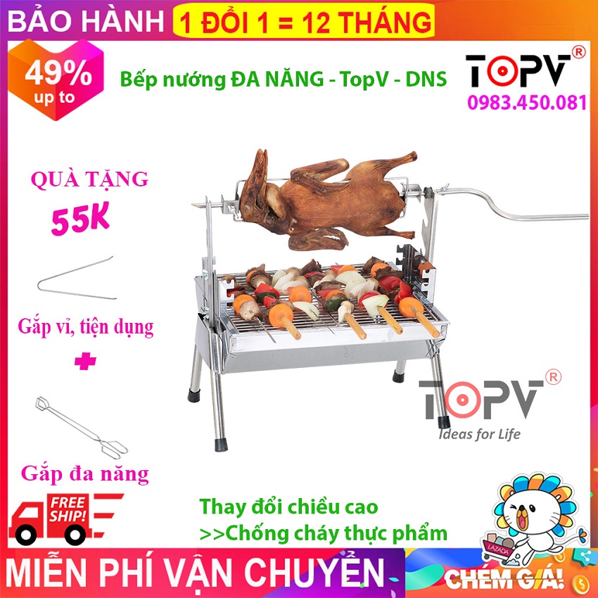Bếp nướng than hoa đa năng TOPV: Nướng 2 trong 1, lò nướng than Inox bền sạch, lò quay vịt gia đình, bếp nướng than DNS
