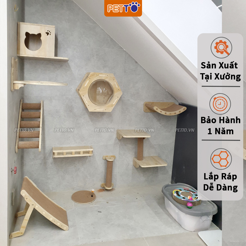 Nhà cho mèo TREO TƯỜNG cattree đính tường bằng GỖ mẫu mới xinh xắn, độc đáo cho mèo vui chơi BẢO HÀNH 1 NĂM CZ013