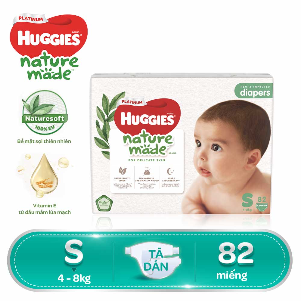 [GIẢM THÊM 40K ĐƠN 799K] Tã/Bỉm dán sơ sinh HUGGIES Platinum NatureMade S82 (4-8kg)-Gói Super Jumbo 82 miếng