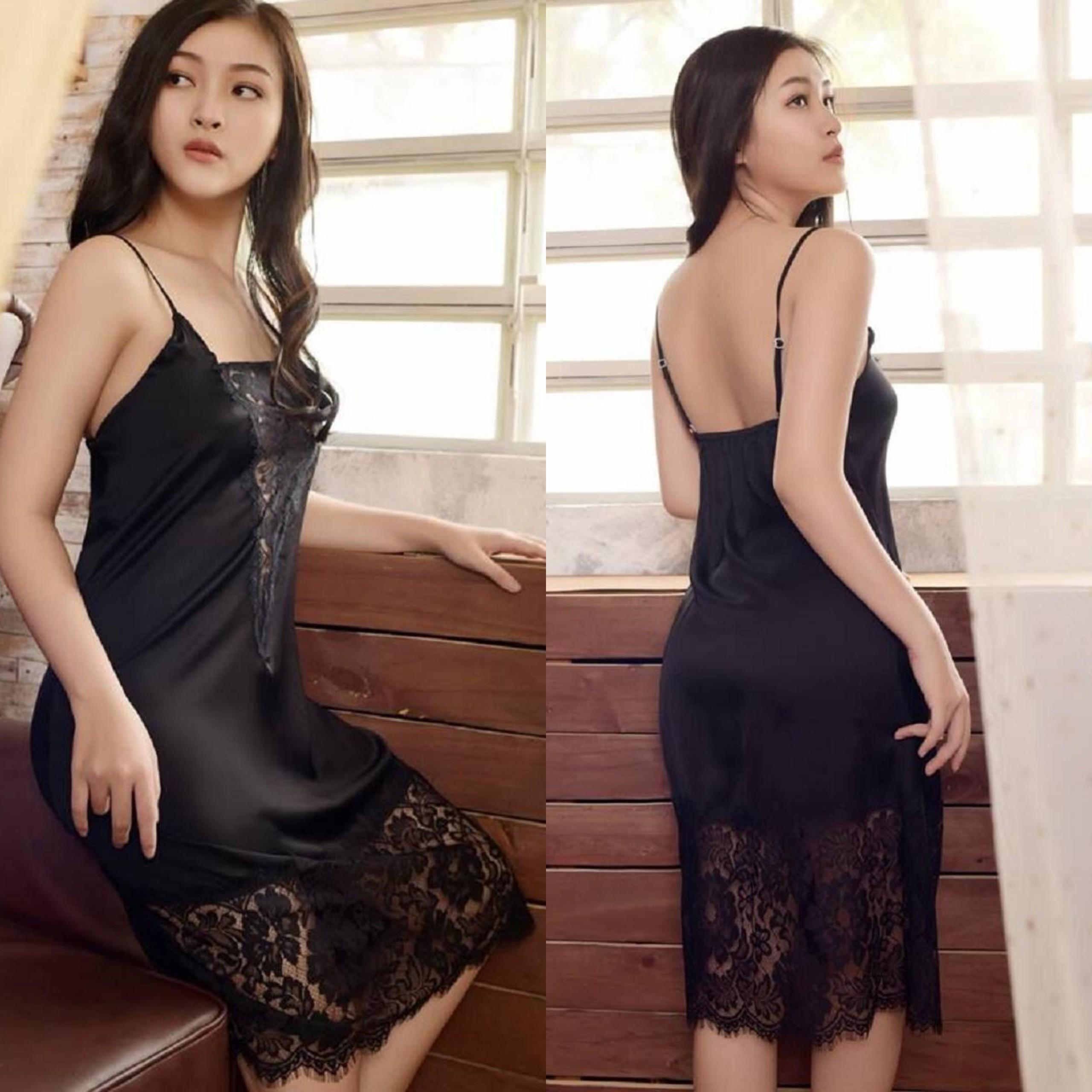 Váy ngủ lụa 2 dây mặc nhà phối ren mi bản to sang trọng mềm mại-Màu đỏ-Trắng-Đen