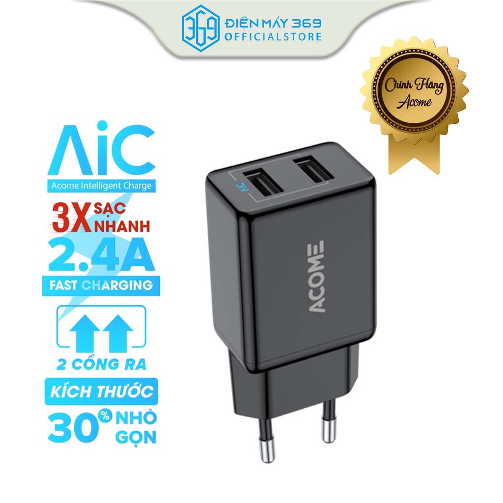 Cốc Sạc Củ Sạc ACOME AC03/AC03U 2 USB Sạc Nhanh 2.4A, Tương Đồng Với Những Dòng Máy Tính Bảng Android IP - BH 12 tháng