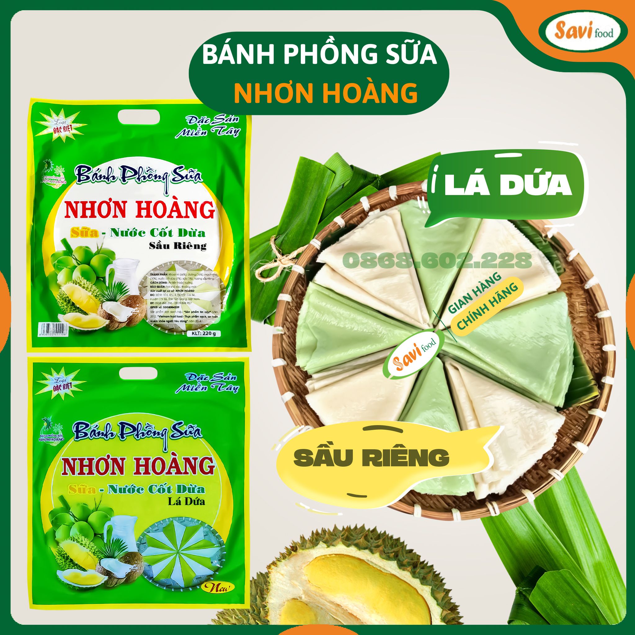 Bánh Phồng Sữa Nhơn Hoàng, Bánh Tráng Sữa vị sầu riêng, lá dứa, cốt dừa thơm ngon SaviFood