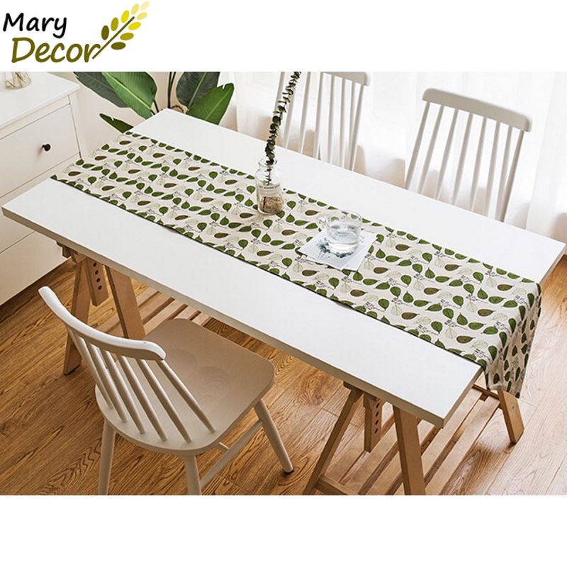 Khăn trải bàn runner Mary Decor trang trí nhà hàng, quán cafe vải bố linen đậm chất vintage - họa tiết Lá Bodhi xanh - KR-E04
