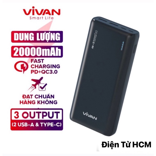 Pin sạc dự phòng sạc nhanh vivan 20000mah, vpb-a20, 22.5w 2 input 3 output