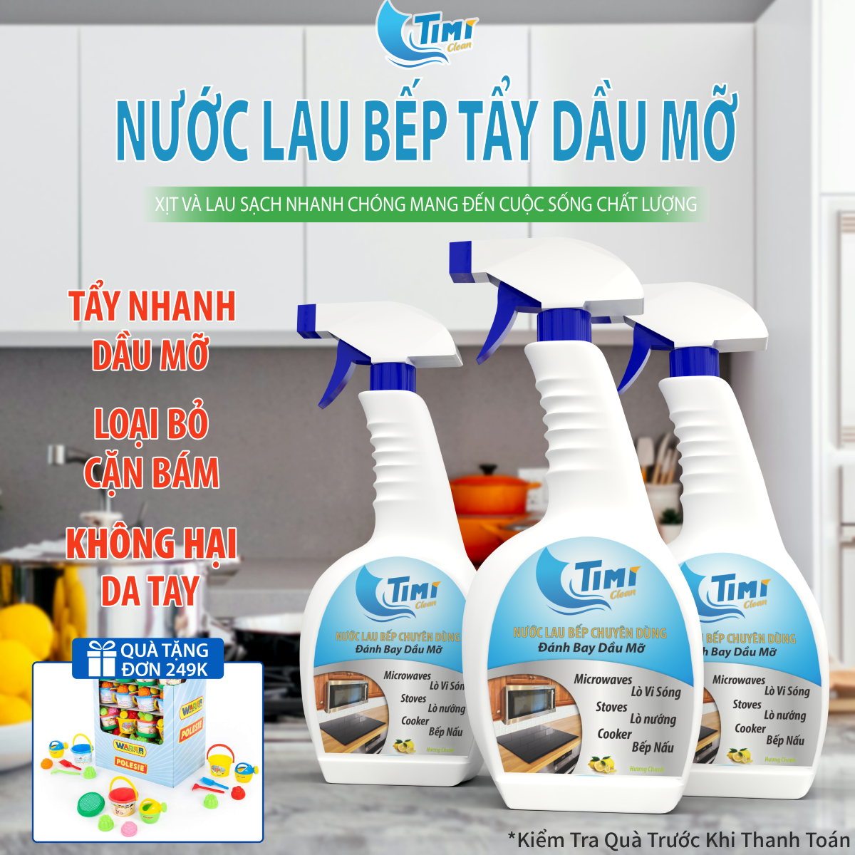 Combo 3 Chai - Nước Lau Bếp Tẩy Dầu Mỡ, Kháng Khuẩn - Timi Clean - Chai 560ml