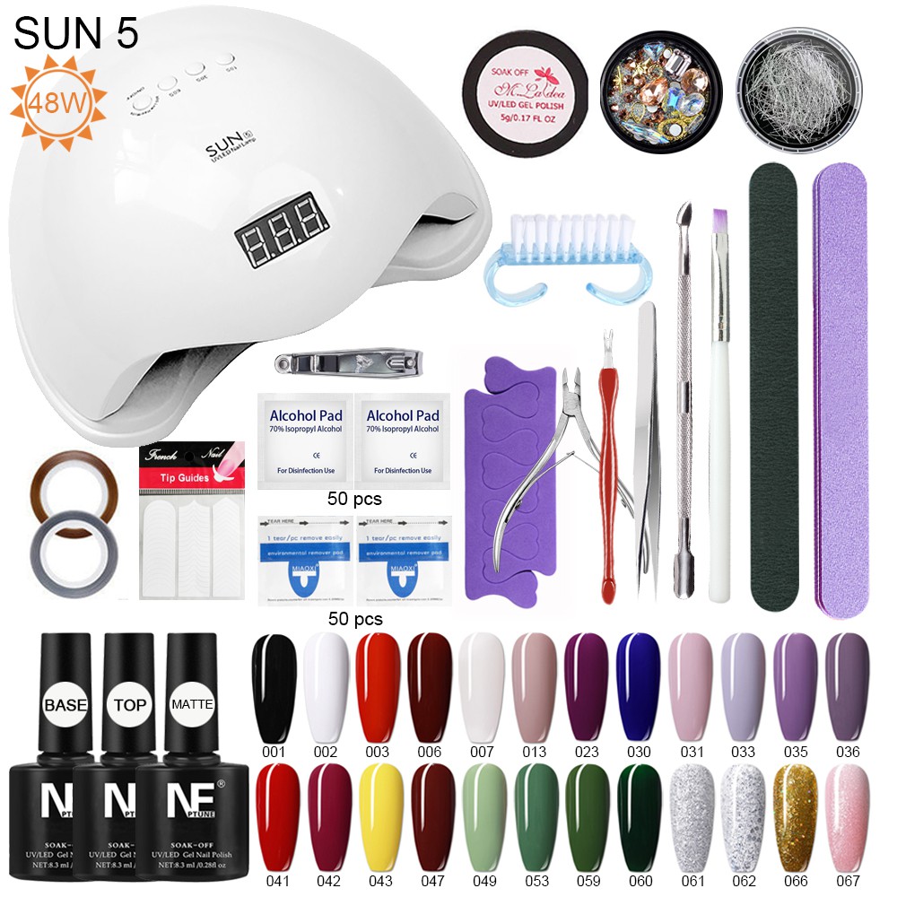 Bộ làm móng mini tại nhà (sơn gel 24 chai +máy hơ gel sun 5+dụng cụ làm móng+top& base& top lì sơn gel)