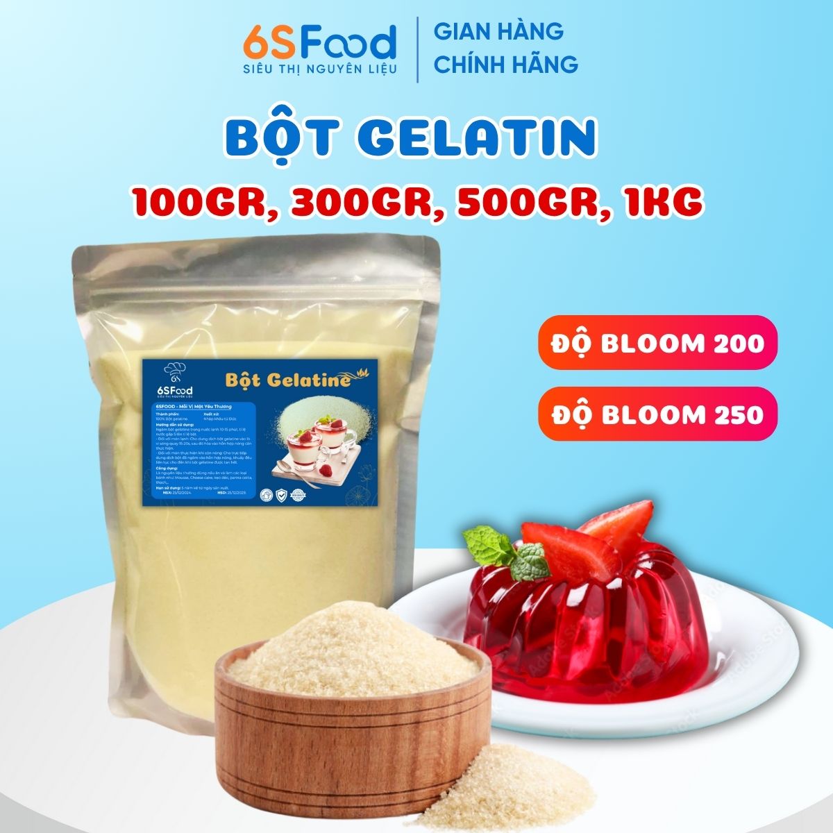 Bột Gelatin Đức Làm Tàu Hũ Singapore, Panna Cotta, Kẹo Dẻo, Pudding, Chè Khúc Bạch Núng Nính, Mềm Tan Trong Miệng 6SFOOD