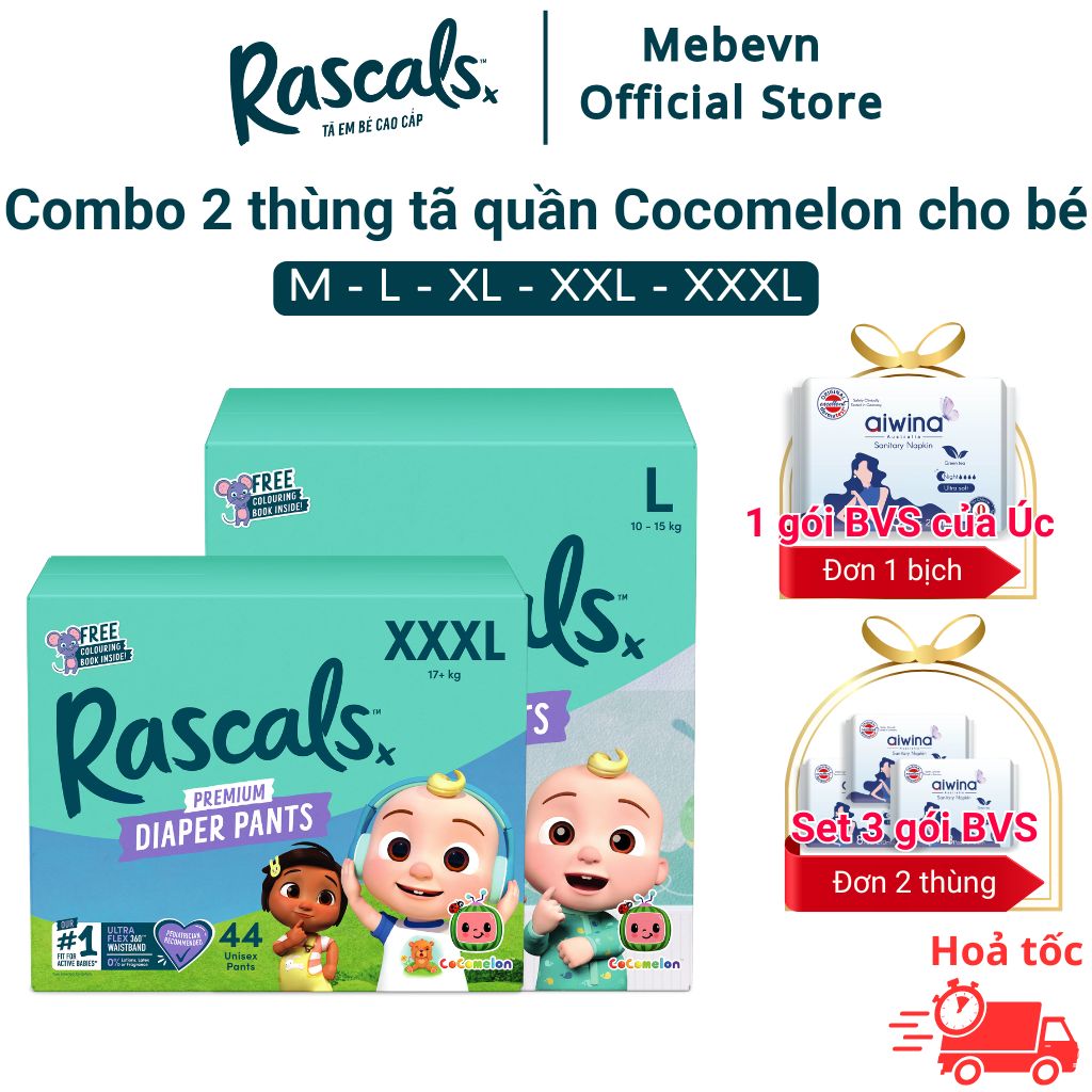[Voucher 10% toàn gian] Combo 2 tã quần cho bé cao cấp New Zealand Rascal Cocomelon bản giới hạn đủ Size - 50 đến 72 miếng