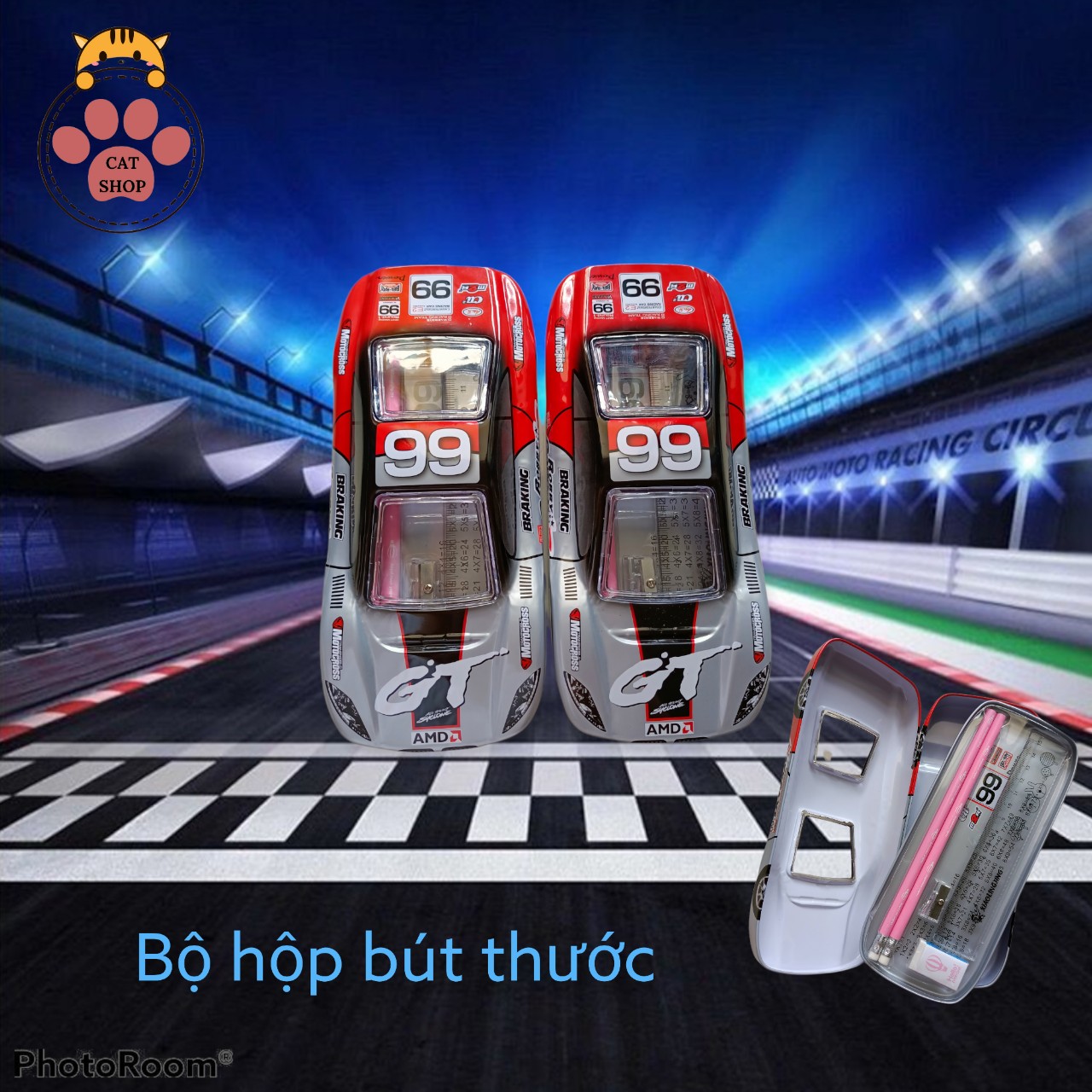 Hộp bút sắt có kèm bộ dụng cụ học tập hình xe đua tốc độ cho bé trai