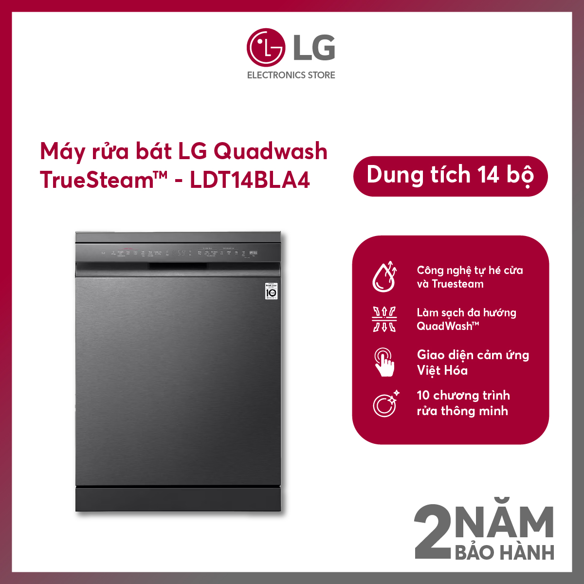 [FreeSHIP COD + Lắp Hà Nội] Máy rửa bát LG LDT14BLA4 14 bộ độc lập, sấy ngưng tụ hé cửa tự động