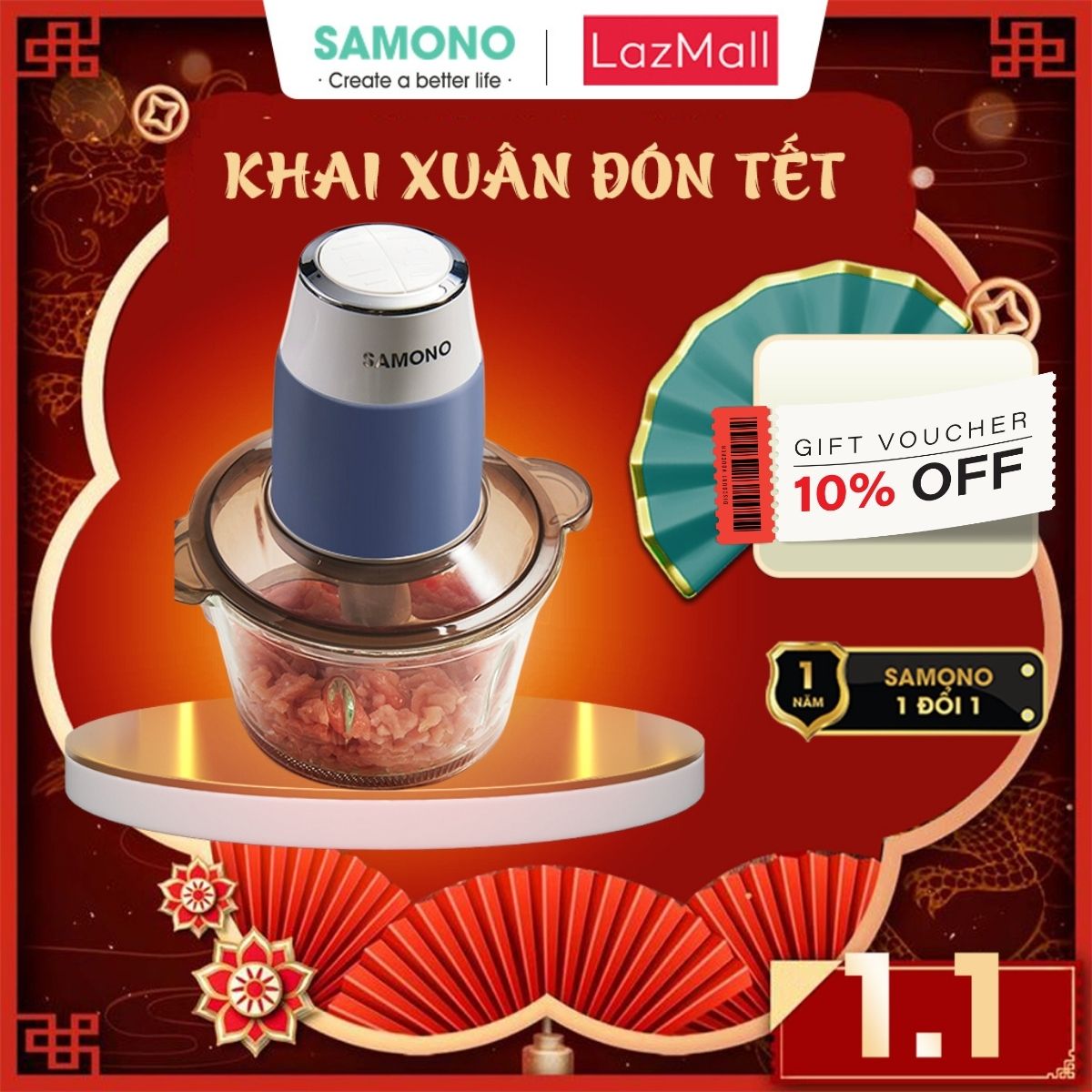 (BH 1 Năm)Samono Máy xay thực phẩm đa năng 2L 350W 2 tốc độ, xay thịt/cua/rau củ/sinh tố/tỏi ớt/cá cho gia đình SW-069S