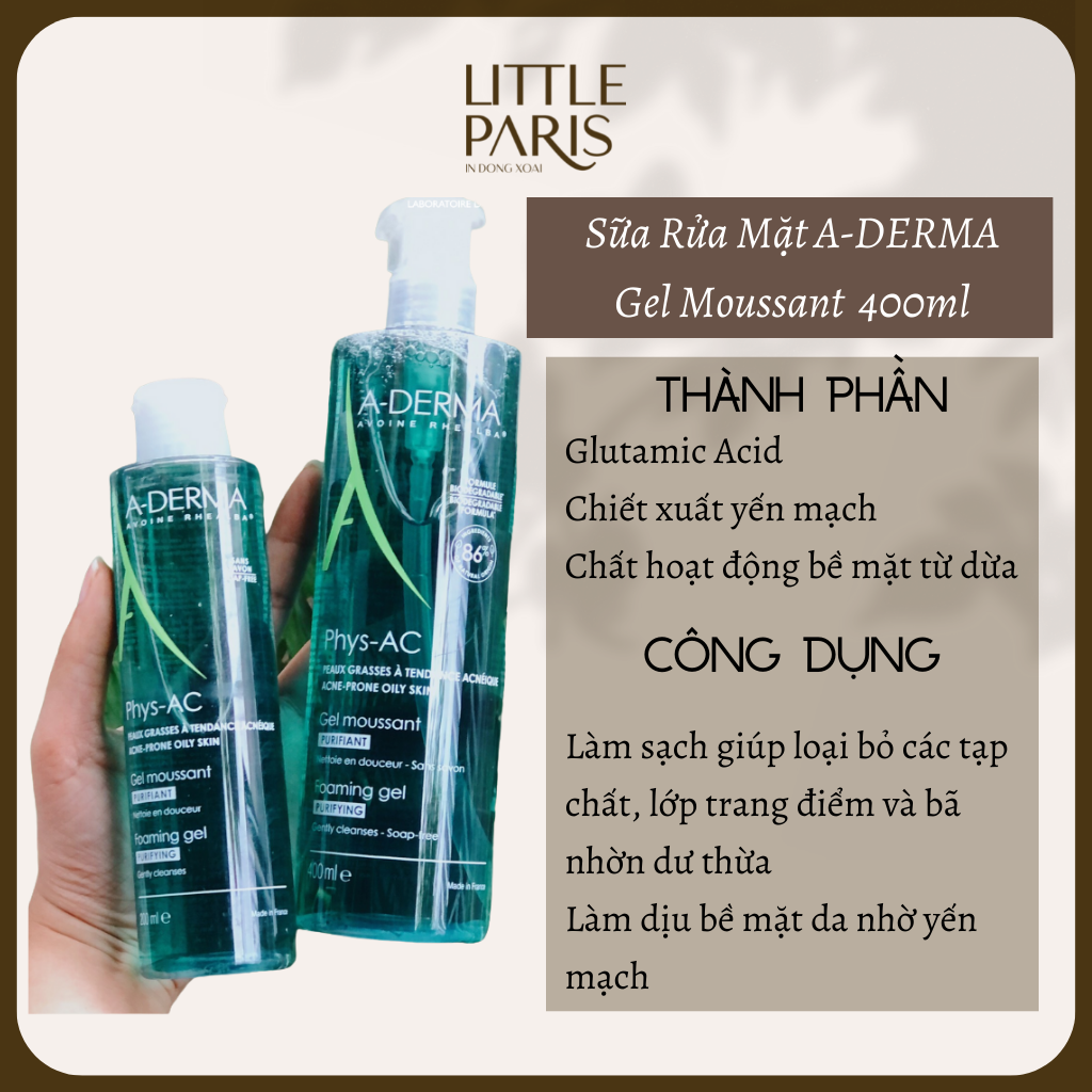 Sữa rửa mặt a-derma gel moussant purifiant phys-ac 400ml