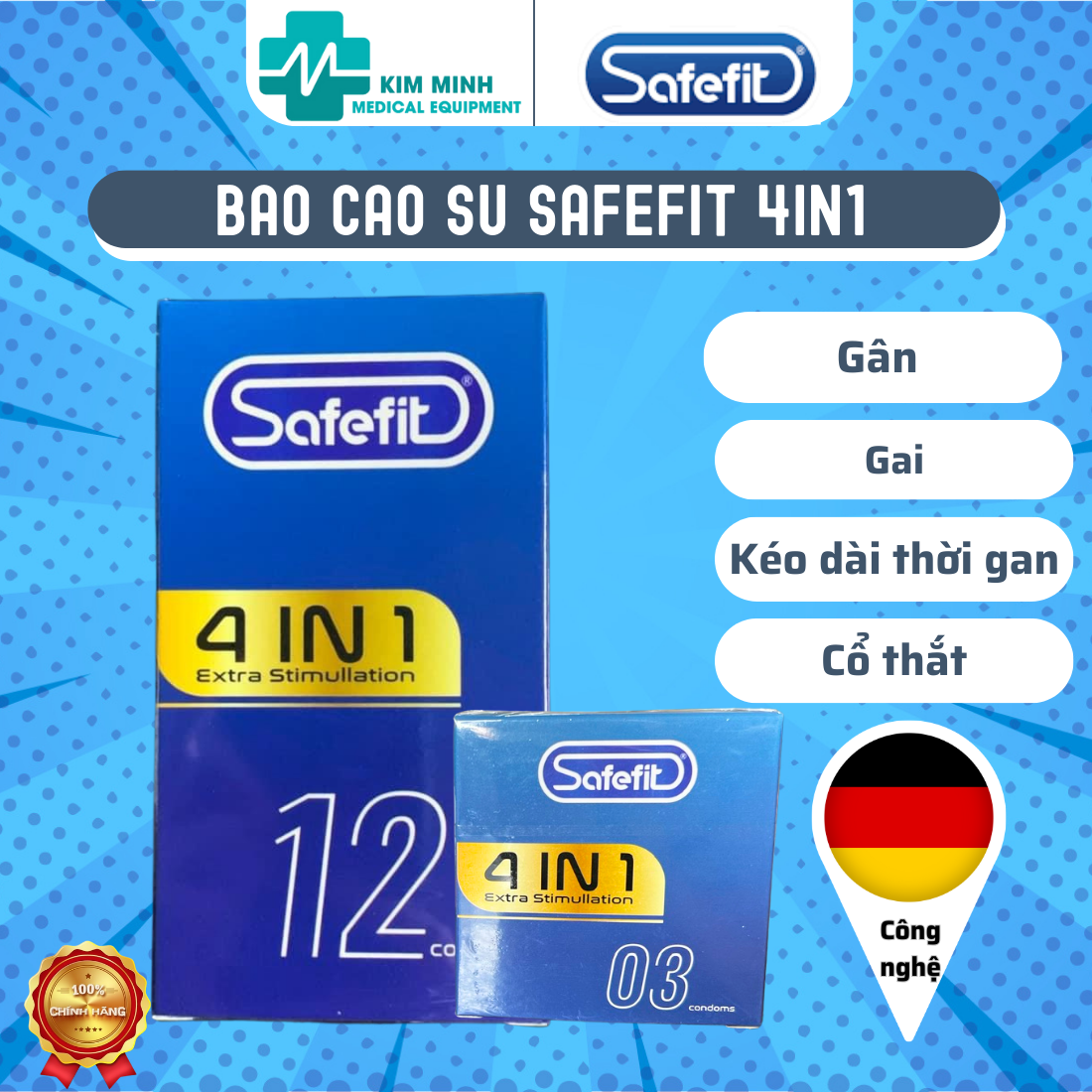 Bao cao su Safefit 4in1 gân, gai, cổ thắt, bao cao su kéo dài thời gian cực mạnh size 49 có 3 cái, 12 cái công nghệ Đức