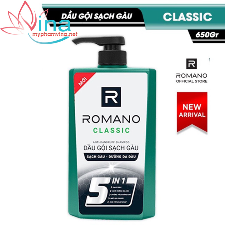 Dầu gội sạch gàu dưỡng da đầu romano classic 5 in1 650g