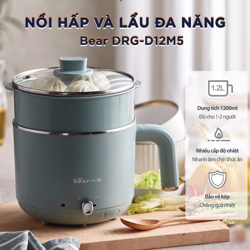 Nồi lẩu điện và hấp đa năng 1.2l bear drg-d12m5 bản quốc tế chính hãng - bảo hành 18 tháng