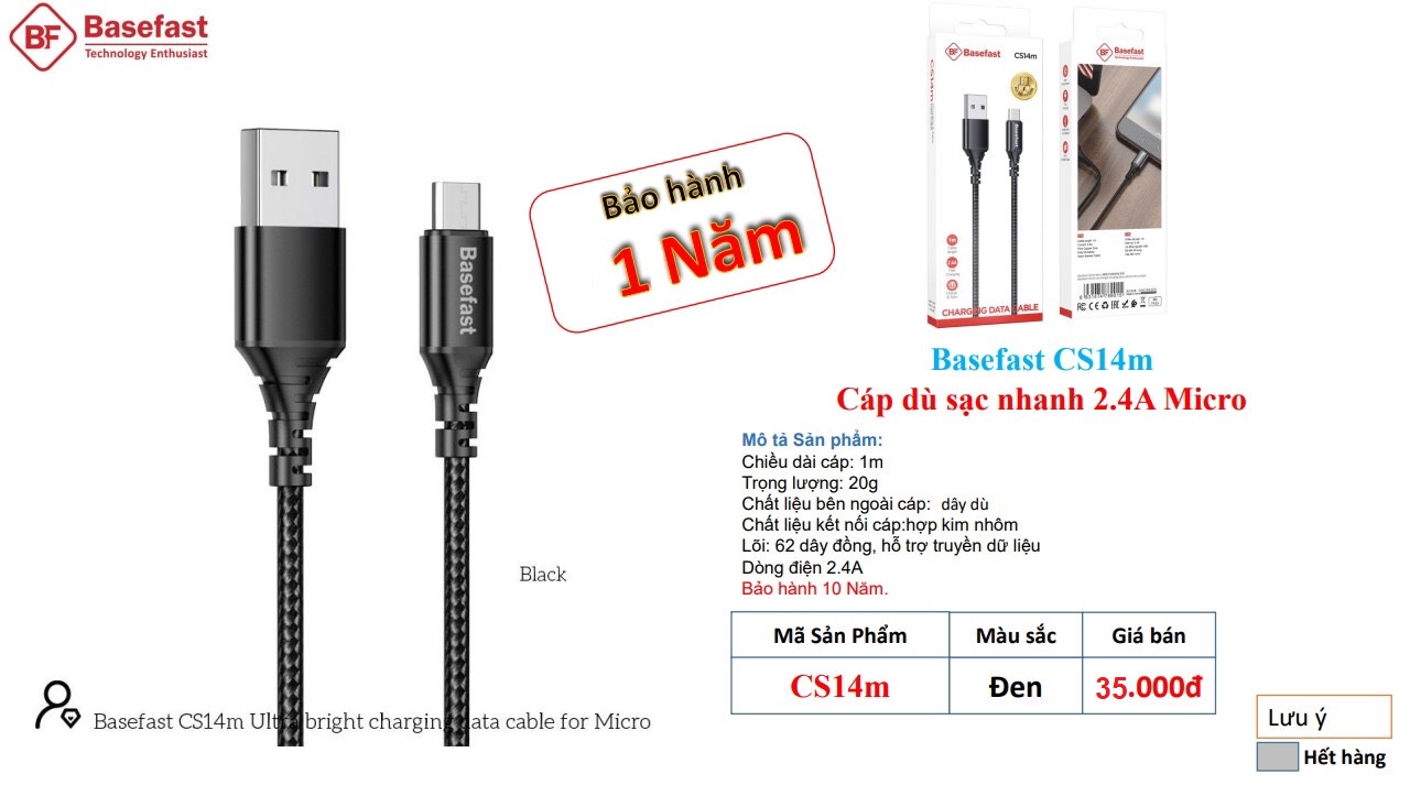 Cáp dù sạc nhanh 2.4A Micro Basefast CS14m cáp sạc cho các dòng máy sam sung oppo xiaomi huawei LG...