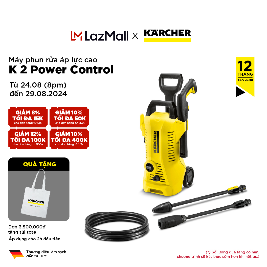 [Sản xuất Đức] Máy xịt rửa xe áp lực cao Karcher K2 Power Control 1400W áp lực 110 bar tích hợp đầu phun thẳng điều chỉnh lưu lượng nước