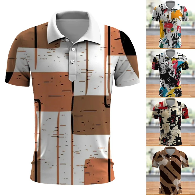 COD COD Áo polo nam in tàu mặt svỡ cổ kính, thời trang đường phố hàng ngày, Áo Polo Cổ Tích Tay Bạc Bạc