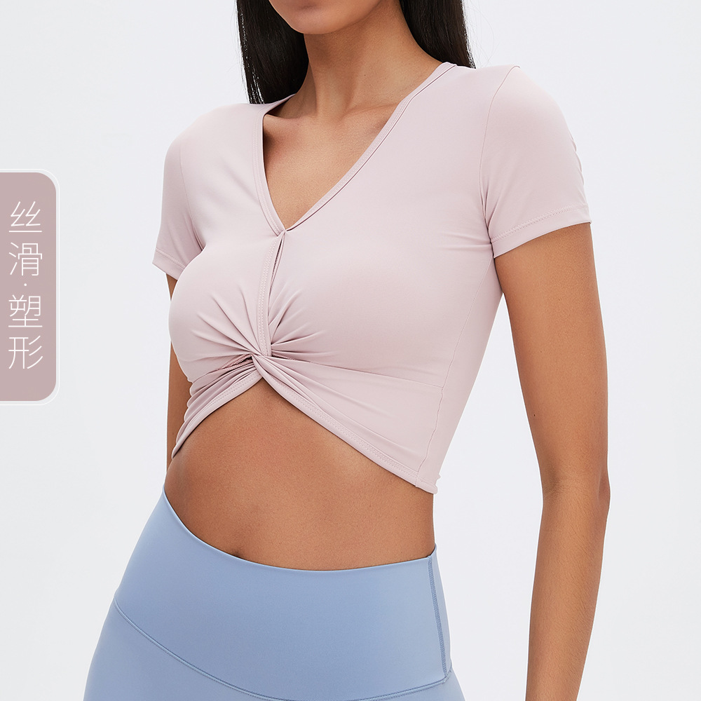 Quần Áo Tập Thể Dục Khỏa Thân Mới Xuyên Biên Giới V Áo Thể Thao Cổ Tay Ngắn Xuân Hè Mỏng Nhẹ Nhanh Khô Yoga T Áo Sơ Mi Nữ