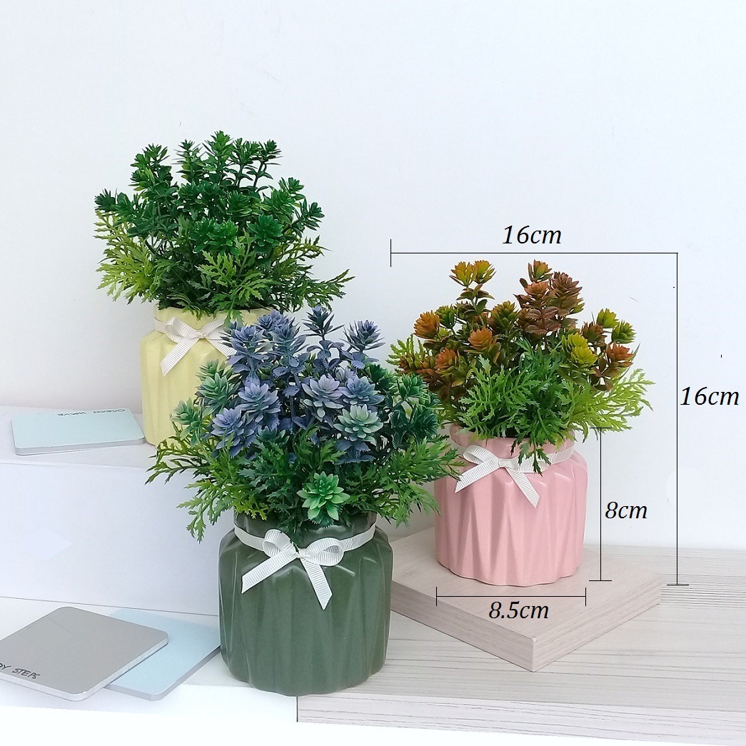 Combo 3 chậu lá giả tươi mát - cao 16cm xòe 16cm - chậu sứ - hoa giả trang trí NHỎ - để bàn kệ ( giao 3 chậu 3 màu khác nhau )