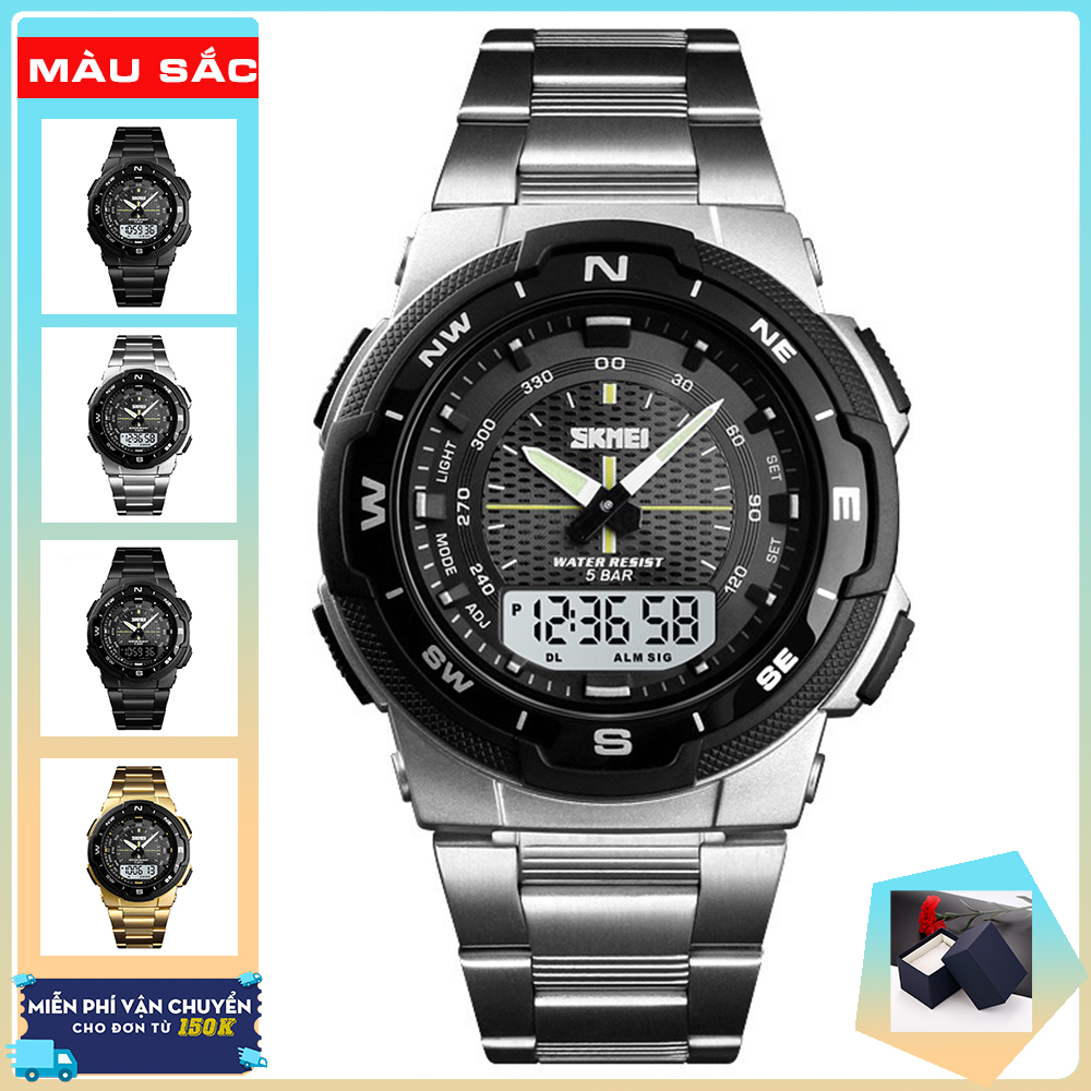 Đồng hồ nam dây thép không gỉ thể thao Skmei 1370 nam tính (Silver & Green)