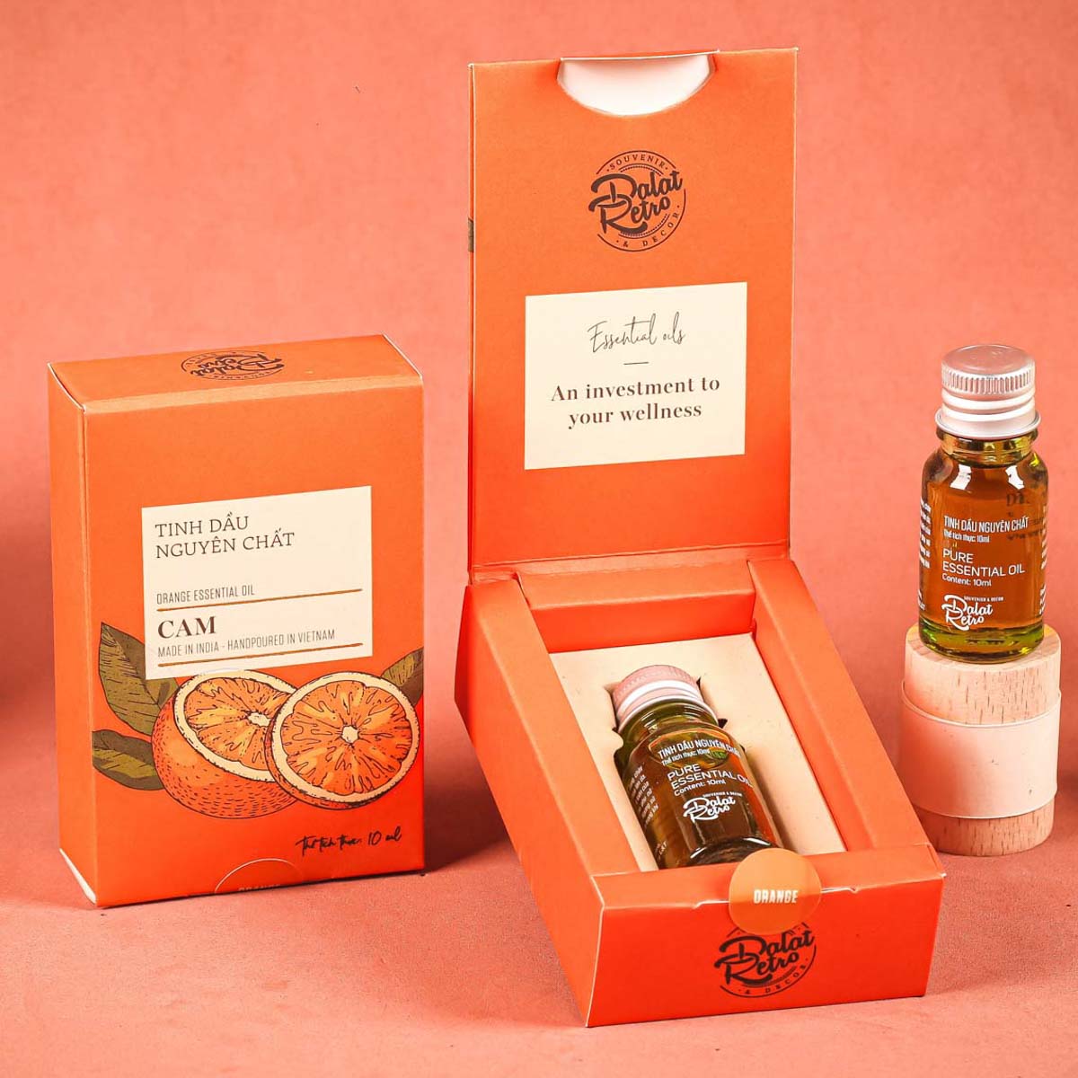 Tinh dầu nguyên chất, cam orange, 10ml, hộp, mẫu minimal, Dalat Retro