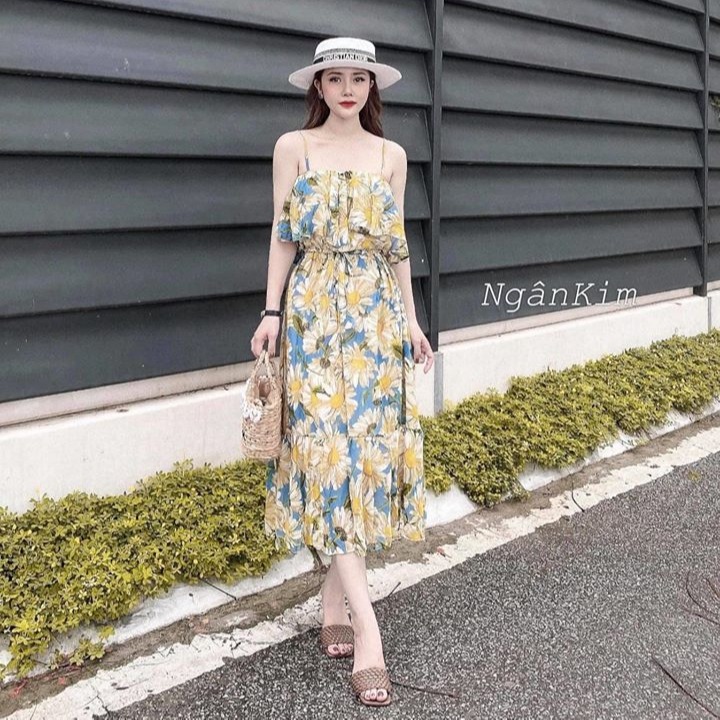 Váy Maxi Hai Dây Hoa Cúc Chun Eo 2 Màu Siêu Xinh, Đầm Hai Dây Hoa Cúc Dáng Dài