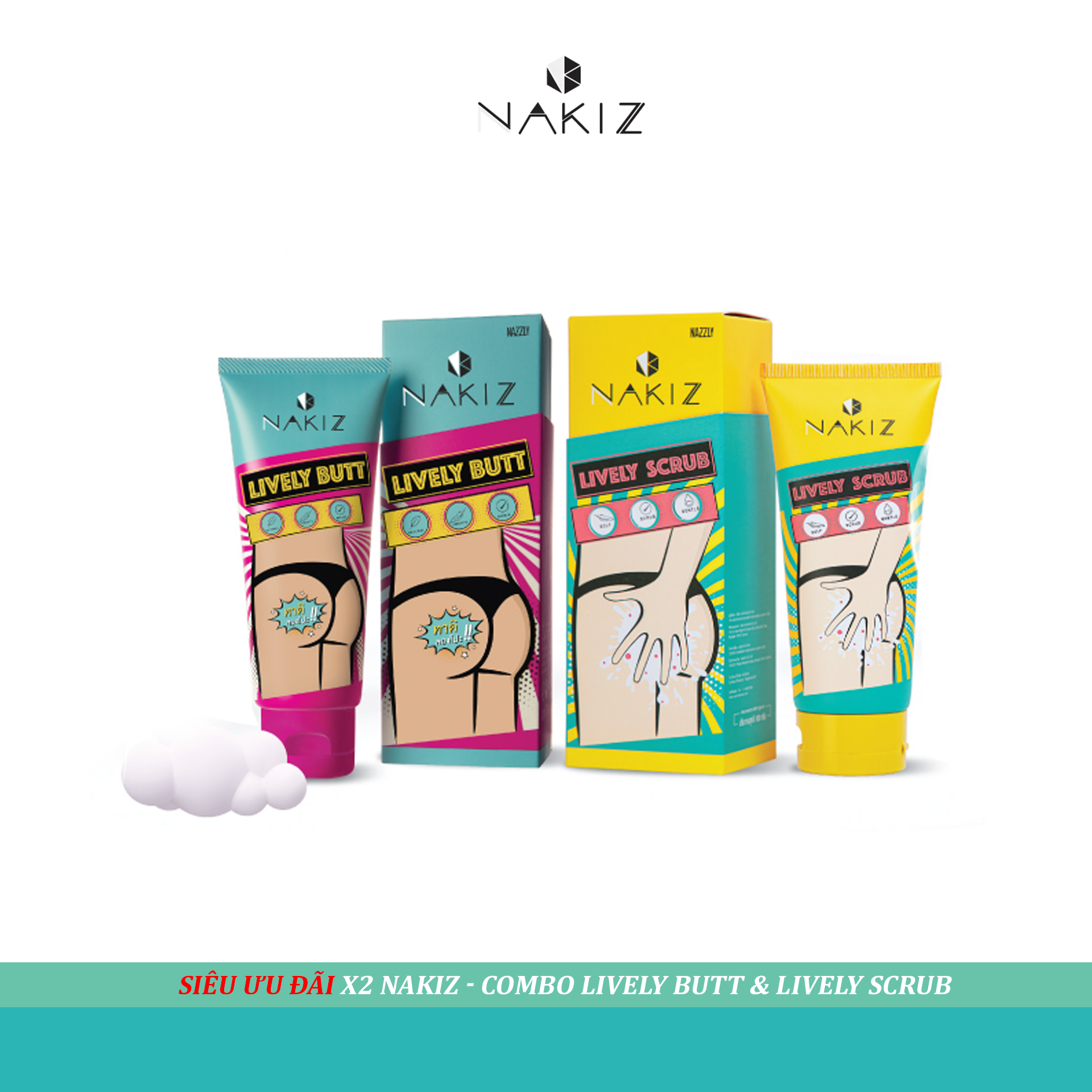 NAKIZ - Lively Butt + Lively Scrub x2 tác dụng, xóa đen mông, đen bẹn, tẩy tế bào chết cho da vùng kín, vùng da nhạy cảm