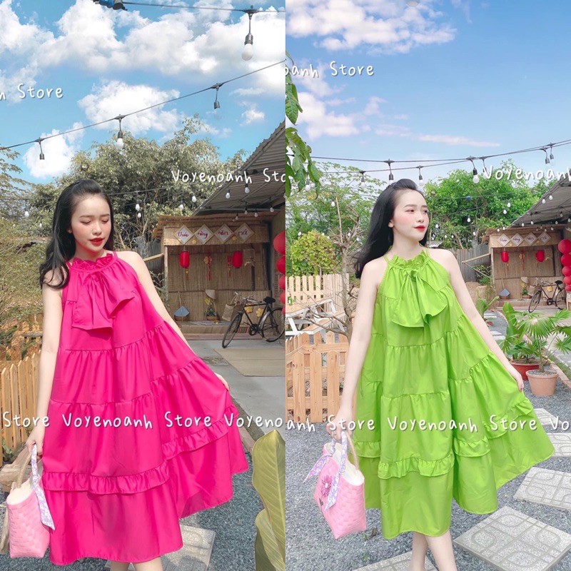 Váy nữ cổ yếm nơ tầng 2 màu, đầm nữ dáng suông maxi siêu xinh có ảnh thật kèm video