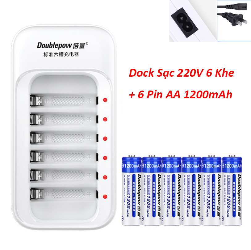 Combo sạc DP-B06 và 6 pin sạc AA Doublepow 1200mAh Cam Kết Dung Lượng Thật BH 12 tháng