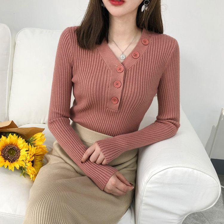 Áo len nữ cổ V đính cúc thời trang