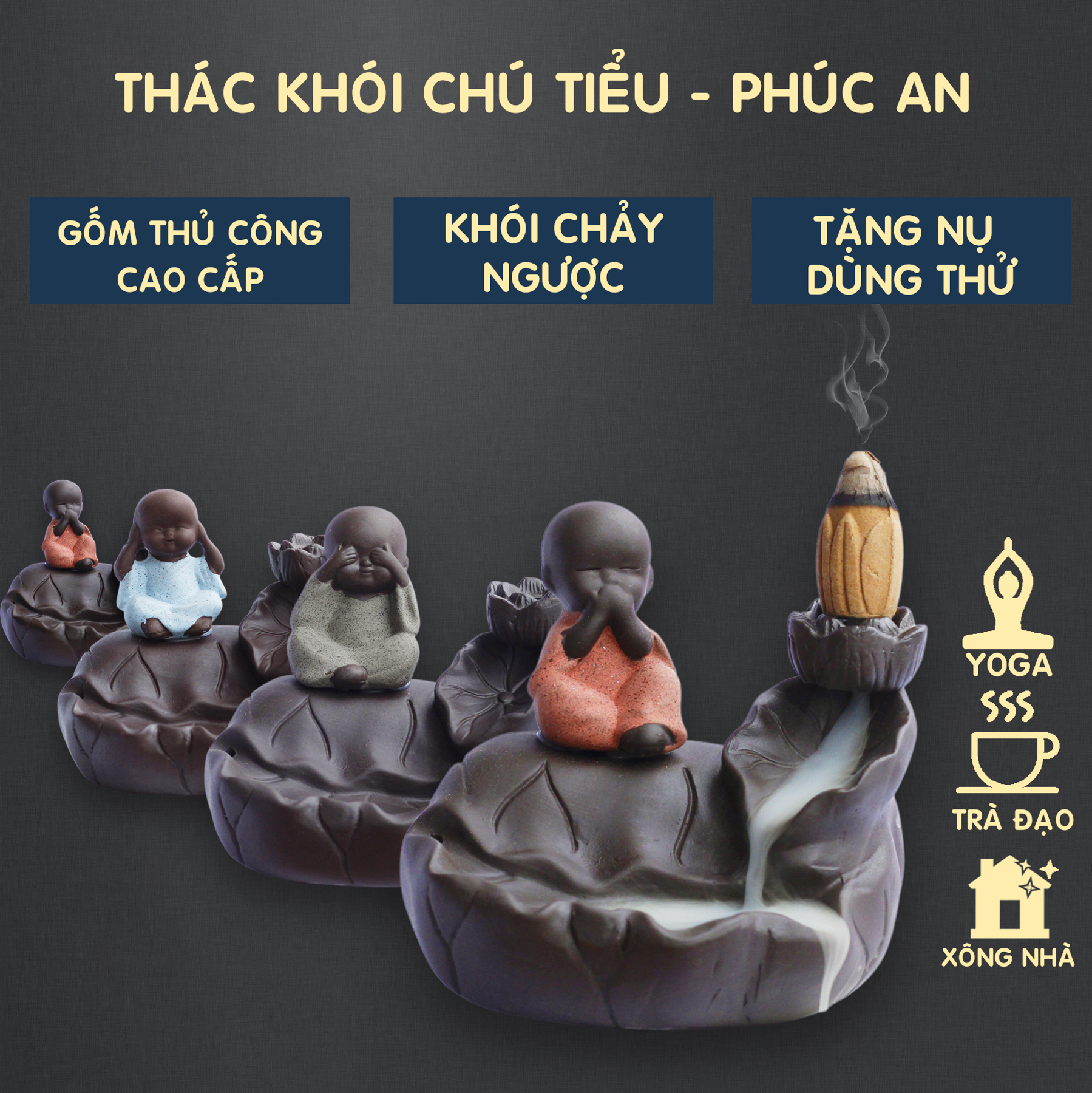 Thác khói trầm nụ chú tiểu chất liệu gốm thô thưởng trà đạo, xông nhà.