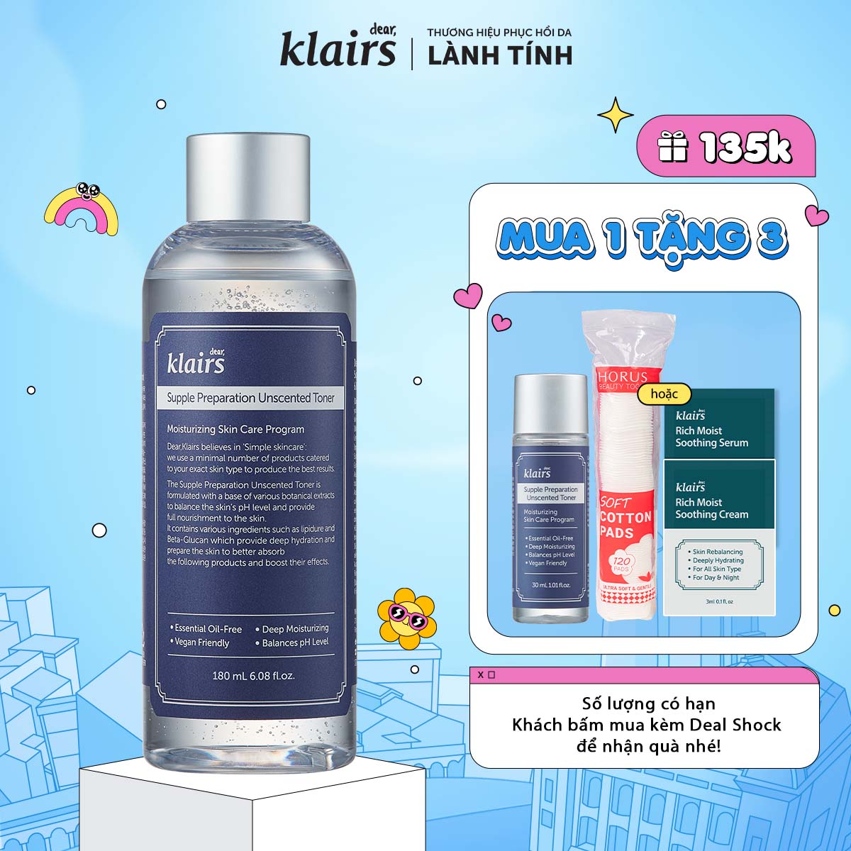 Nước hoa hồng DEAR KLAIRS SUPPLE PREPARATION UNSCENTED TONER 180ML