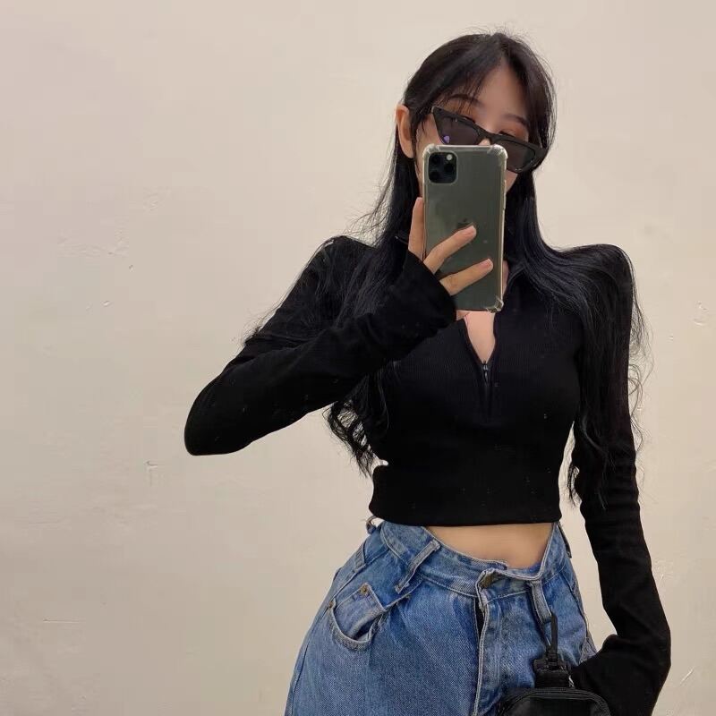 Áo croptop tay dài dây kéo xỏ ngón