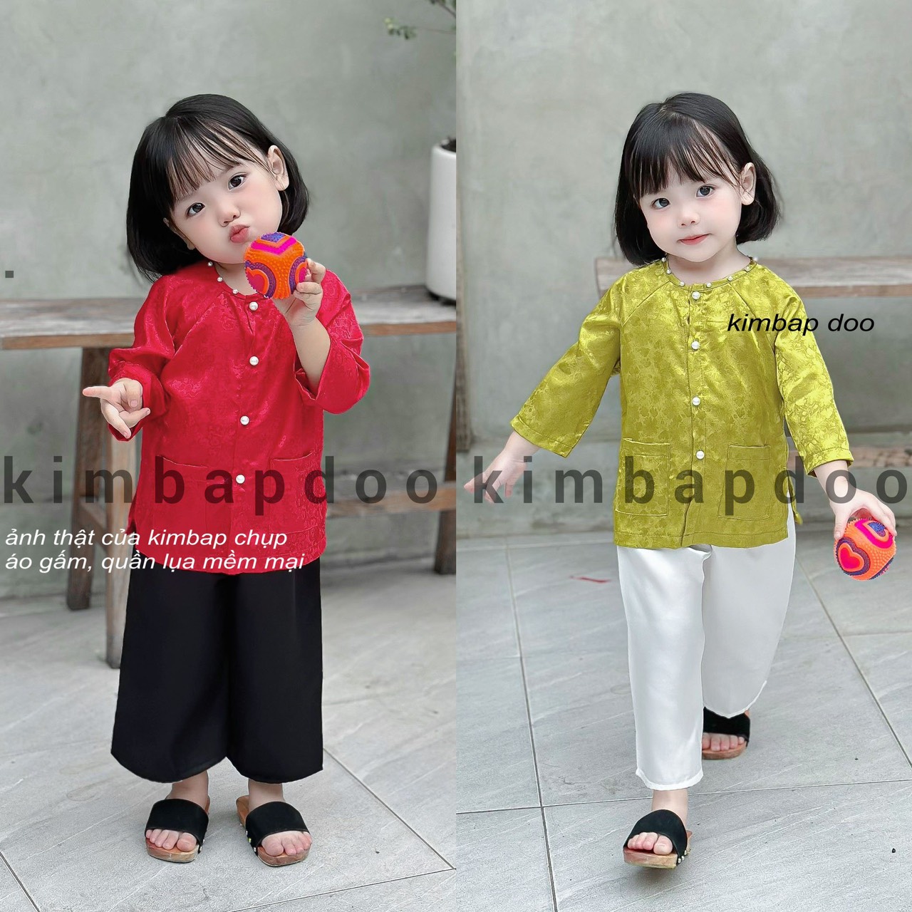 Bộ bà ba tay dài cho bé gái áo gấm quần lụa satin xinh xắn