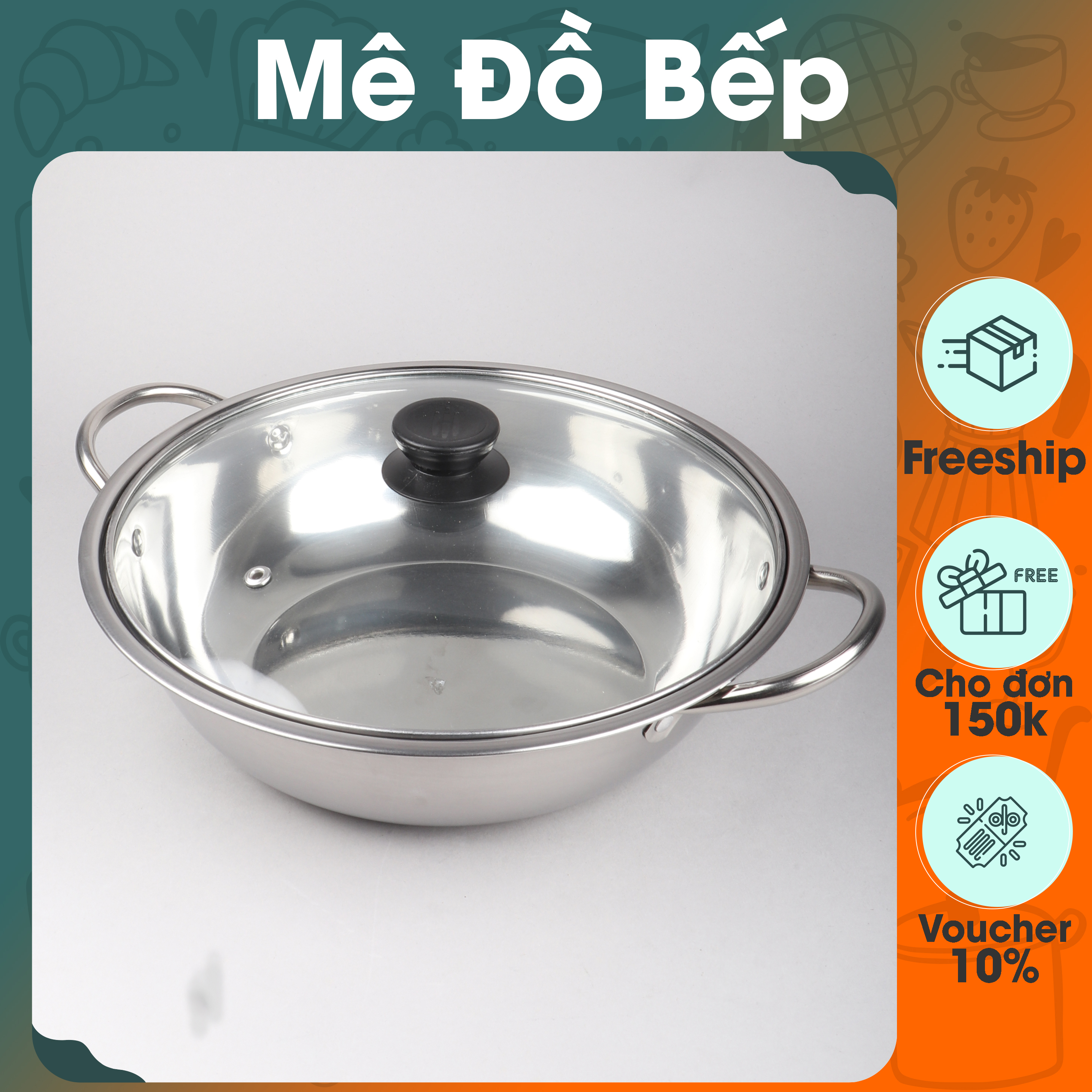 Nồi lẩu inox dày Bam House loại lớn 26cm có nắp kính cao cấp NL26 – Super Đơn