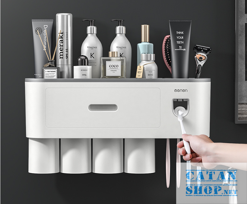 [HCM]Kệ nhà tắm đa năng dán tường tặng kèm ly hít từ tính (4 cốc 1 cốc)  hộp để bàn chải đánh răng nhả kem tự động GD456-HBCOENON