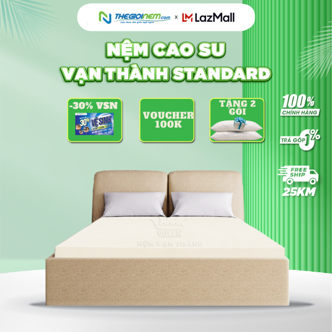 [Trả góp 0%] Bộ 1 nệm 100% cao su tiên nhiên Vạn Thành Standard 160x200x5cm  và 2 gối Cao su Vạn Thành + 1 Gối ôm cao su Vạn Thành