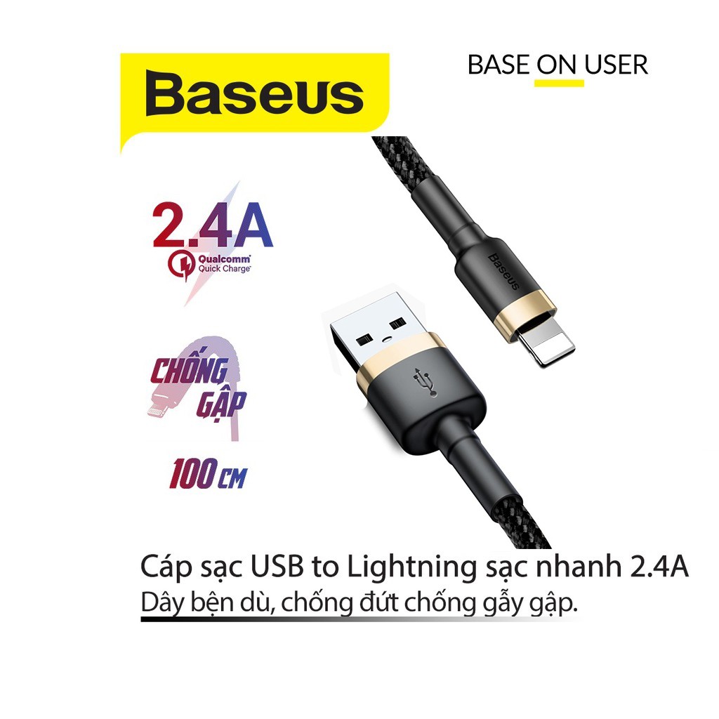 Cáp sạc iphone - dây sạc iphone baseus - hỗ trợ sạc nhanh 2.4a - dây bọc dù - siêu bền - chính hãng
