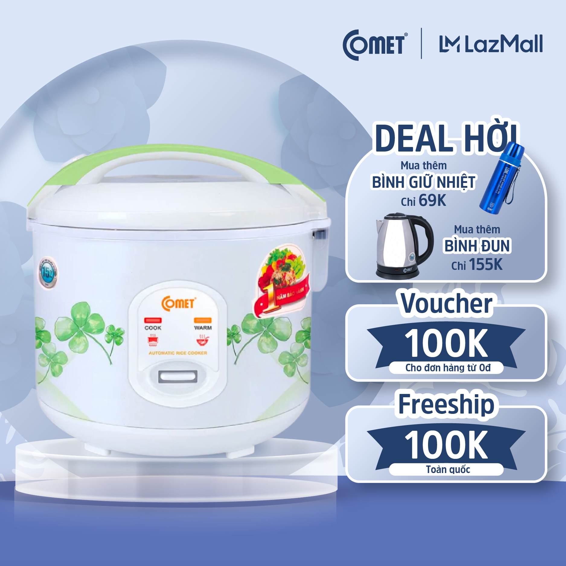 Nồi cơm điện nắp gài 1.8L COMET - CM8016 - Hàng Chính Hãng - BH 12 tháng