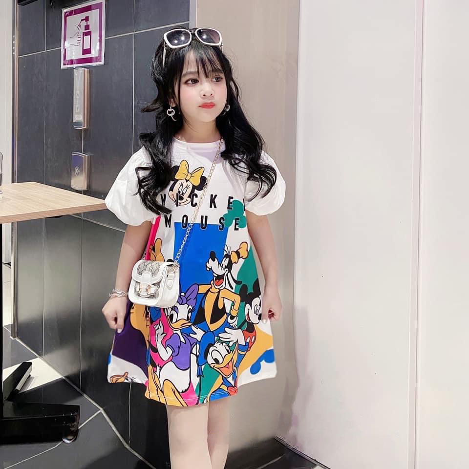 Váy suông hoạt hình Mickey tay bồng dễ thương cho bé gái từ 7 đến 30 kg, DUCK KIDS, váy bé gái, đầm bé gái, váy babydoll bé gái, đầm suông