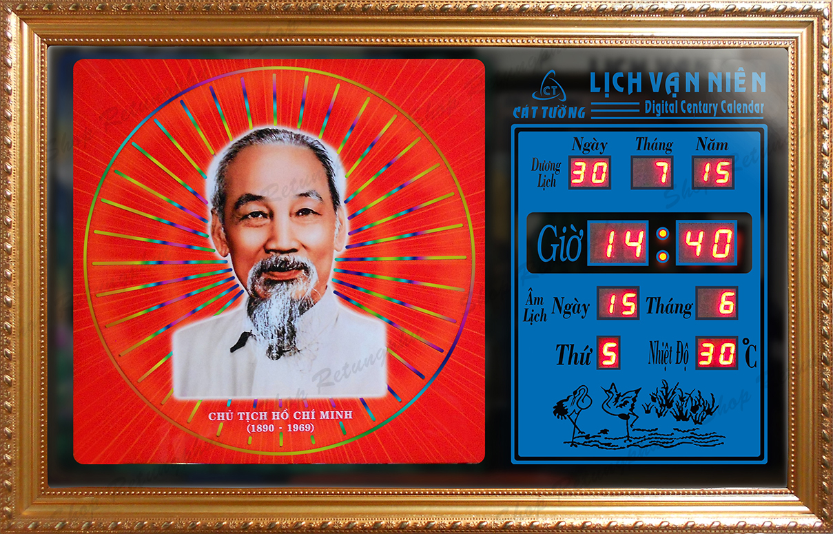 Đồng hồ Lịch Vạn Niên điện tử treo tường_ tranh Bác Hồ 55618_Có 2 Loại (Không Remote Đèn và Có Remote Đèn)