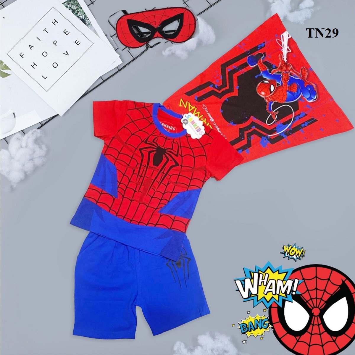 Bộ quần áo siêu nhân người nhện kèm áo choàng và mặt nạ - Bộ đồ hoá trang siêu nhân tay ngắn TN29