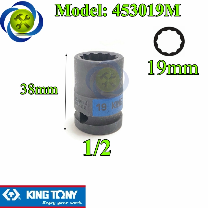 Tuýp 19mm 1/2 kingtony 453019m loại ngắn 12 cạnh màu đen