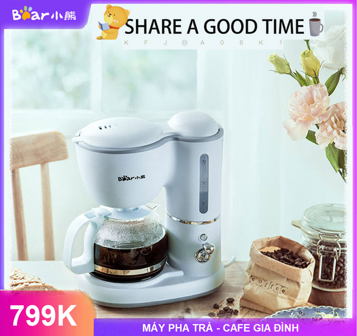 Máy pha cà phê gia đình, nhỏ giọt điều chỉnh nhiệt độ 600ml PP Nhật Bản - Máy Pha Trà Và Cà Phê Bear KFJ-A06K1(0,6L) Công Suất 550W - Pha 5 ly 1 lần