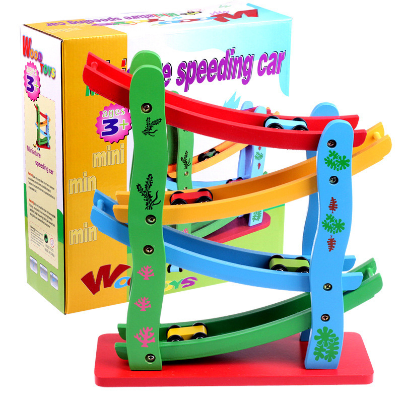 Đồ chơi xe cầu trượt 4 tầng tặng kèm 4 ô tô bằng gỗ cho bé yêu phát triển tư duy trị tuệ