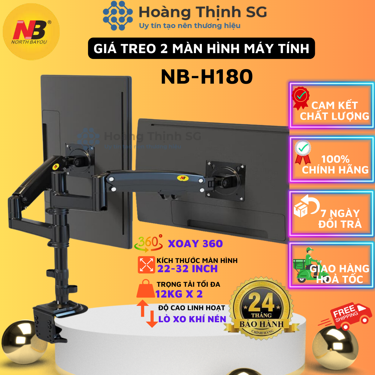 Arm 2 màn hình máy tính NB-H180 17-27 inch, giá treo 2 màn hình máy tính xoay 360 độ, tải 12kg, bảo hành 2 năm