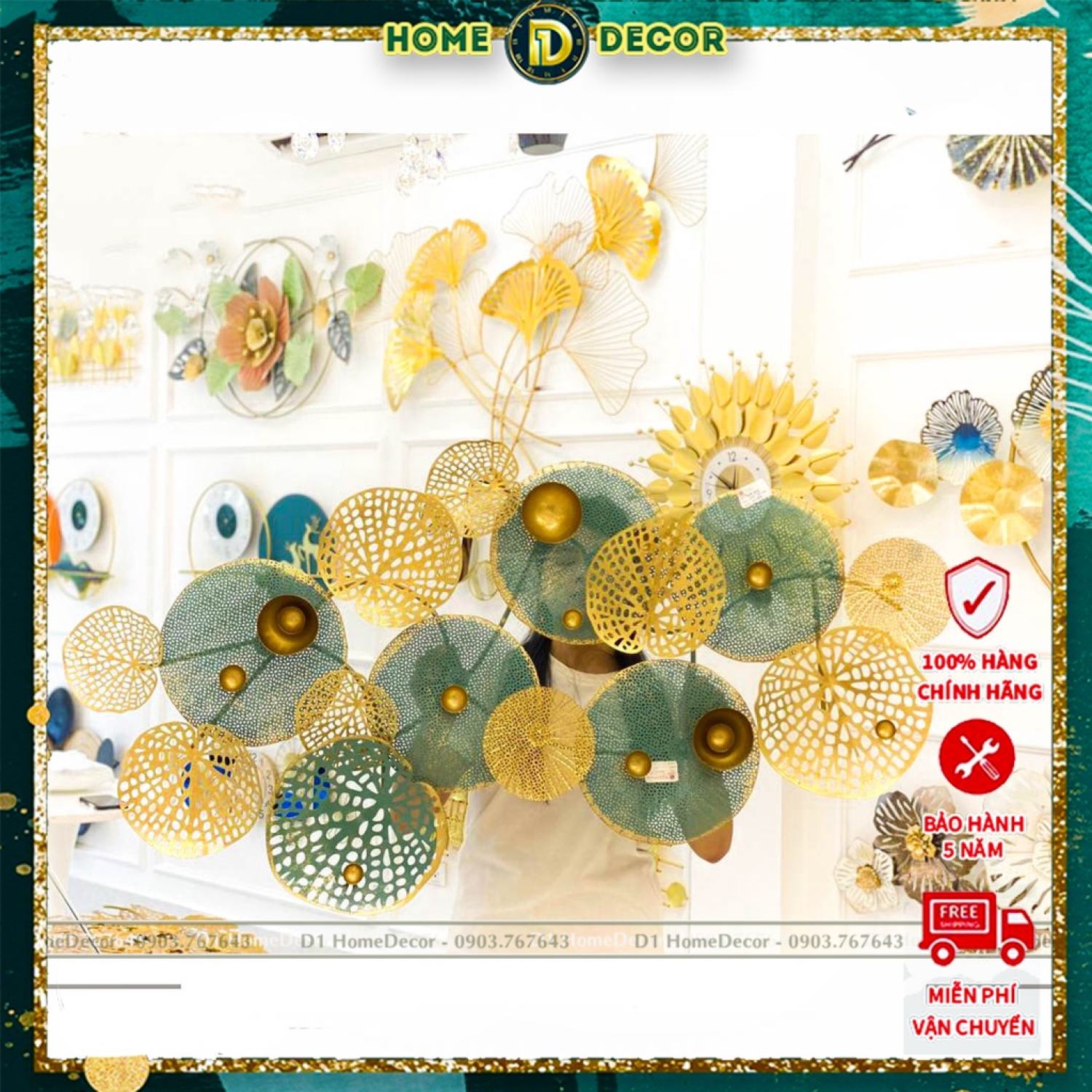 Tranh Sắt Treo Tường Nghệ Thuật,Tranh Decor Trang Trí Hoạ Tiết Lá Sen-Vật Trang Trí Tường Kim Loại-Phong Cách Mới